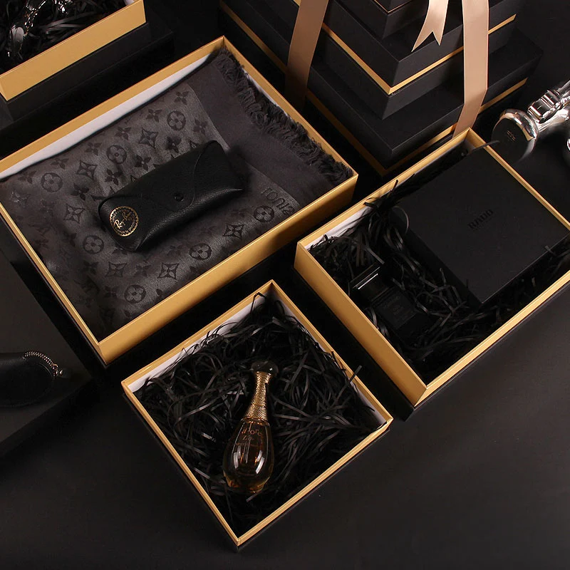 Multi Size Rigid Gift Box Set With Gold Ribbon And Lid