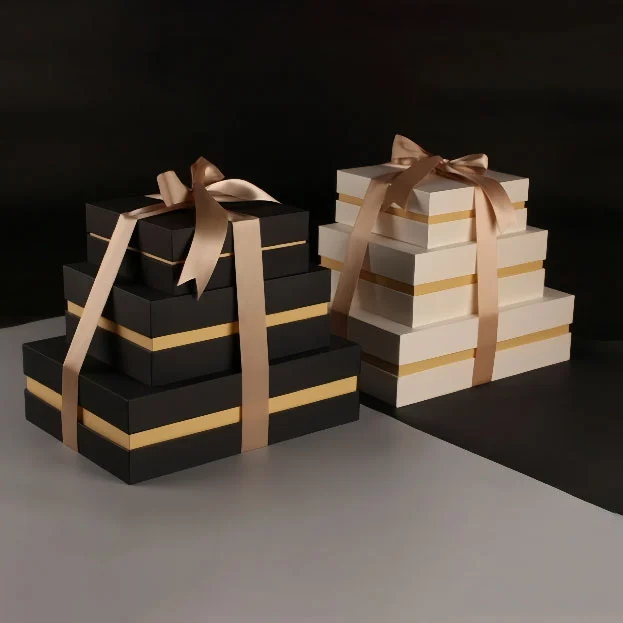 Multi Size Rigid Gift Box Set With Gold Ribbon And Lid Multi Size Rigid Gift Box Set With Gold Ribbon And Lid